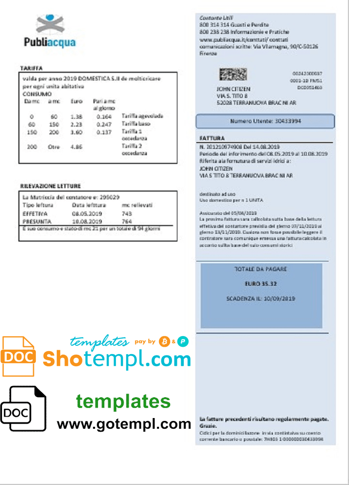 Italy Publiacqua utility bill template in Word and PDF format
