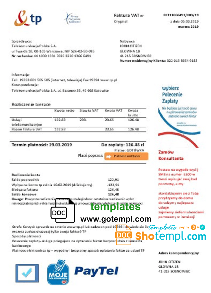 Poland TP utility bill template in Word and PDF format