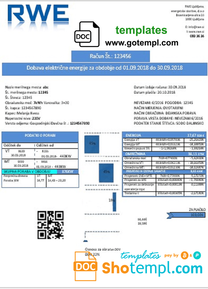 Slovenia RWE electricity proof of address utility bill template in Word and PDF format
