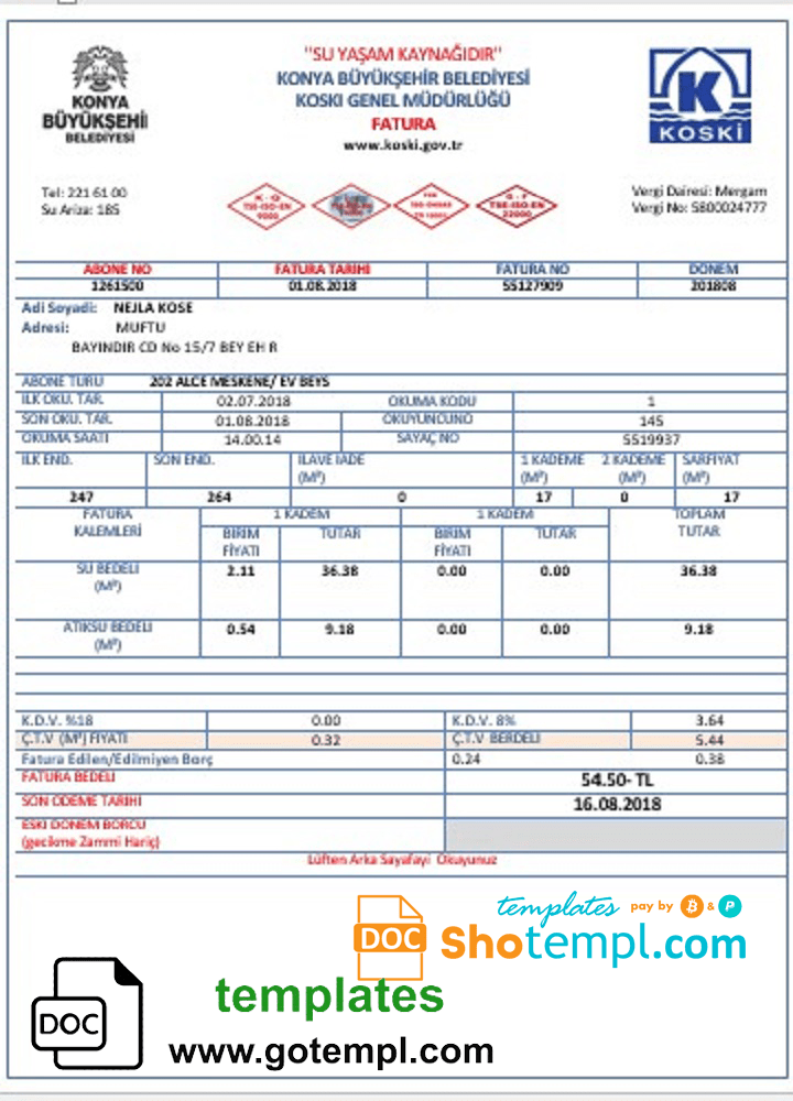 Turkey water utility bill template in Word and PDF format