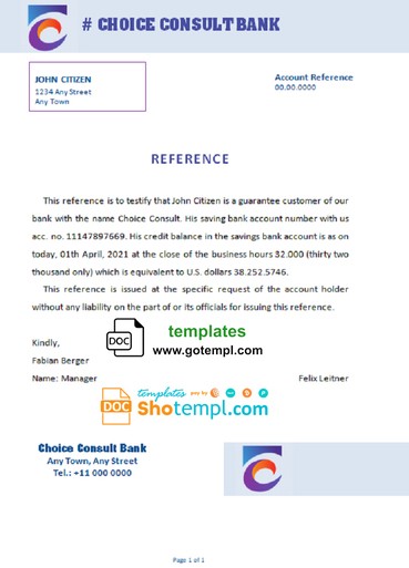# choice consult bank universal multipurpose bank account reference template in Word and PDF format