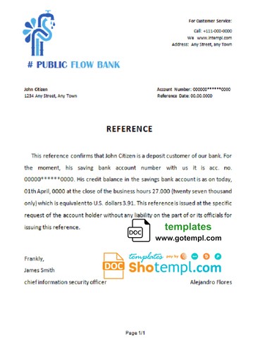 # public flow bank universal multipurpose bank account reference template in Word and PDF format