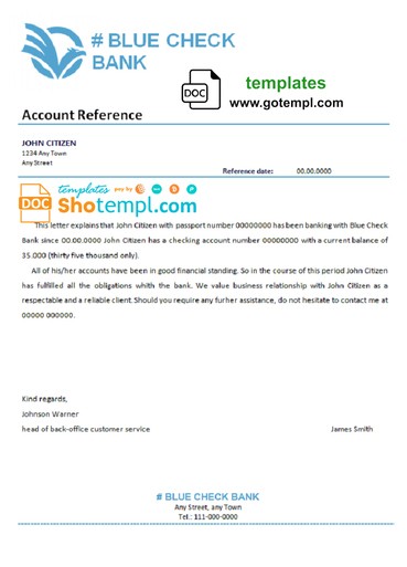 # blue check bank template of bank reference letter, Word and PDF format (.doc and .pdf)