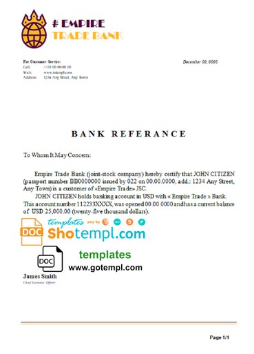 # empire trade bank universal multipurpose bank account reference template in Word and PDF format