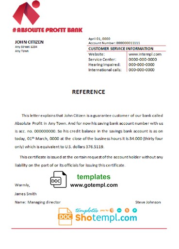 # absolute profit bank universal multipurpose bank account reference template in Word and PDF format