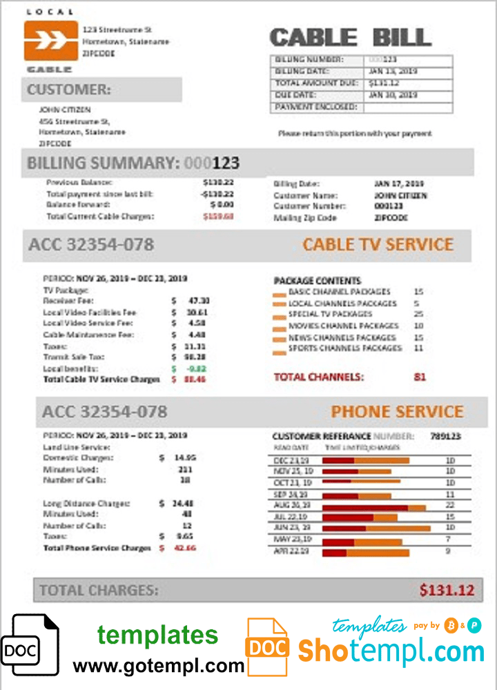 USA Marine Local Cable utility bill template in Word and PDF format (.doc and .pdf)