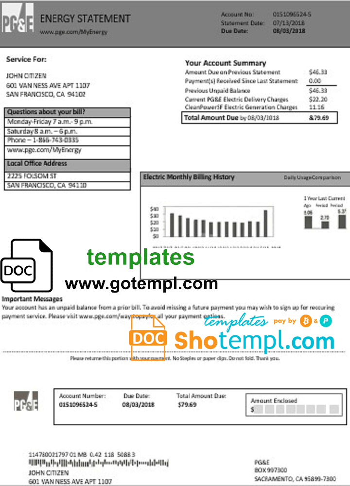 USA California PG&E (Pacific Gas and Electric Company) utility bill template in Word and PDF format