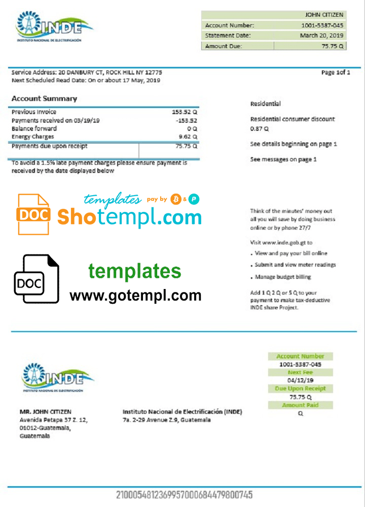Guatemala INDE Instituto Nacional de Electrificación electricity utility bill template in Word and PDF format