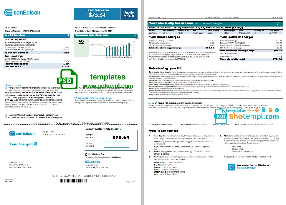 USA New York Con Edison utility bill template in PSD format, 2 pages (2021 April - present)