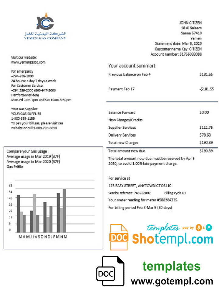 Yemen Gas Company utility bill template in Word and PDF format