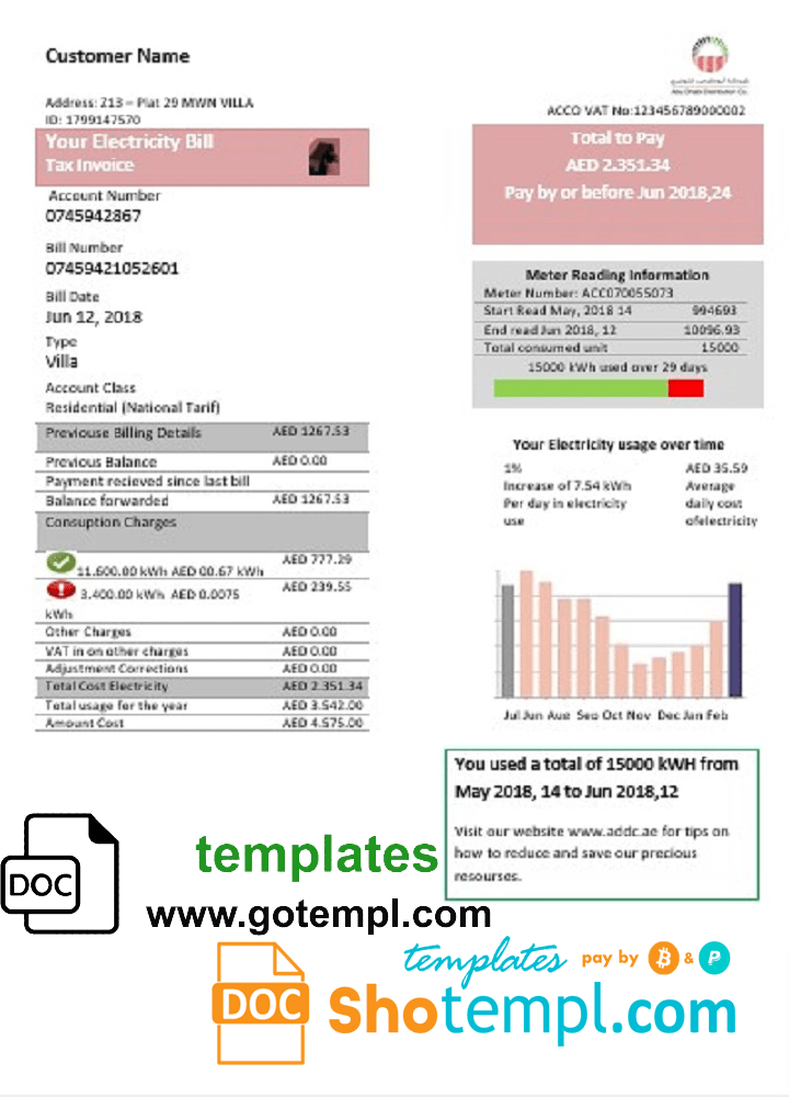 United Arab Emirates Abu Dhabi Distribution electricity utility bill template in Word and PDF format