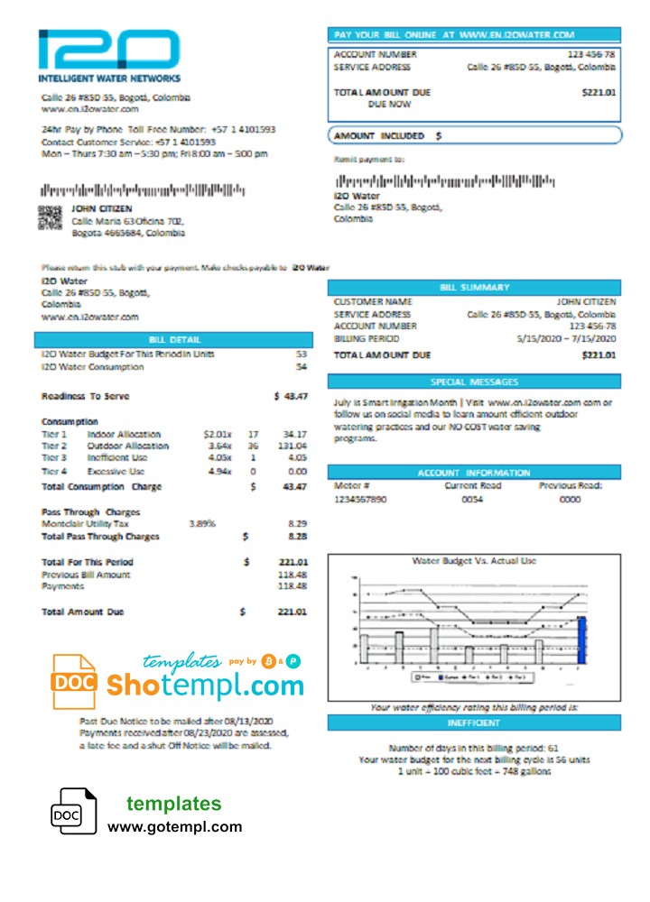 Colombia i2O Water utility bill template in Word and PDF format