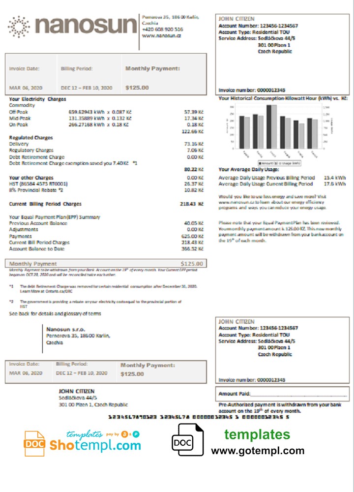 Czech Republic Nanosun s.r.o utility bill template in Word and PDF format