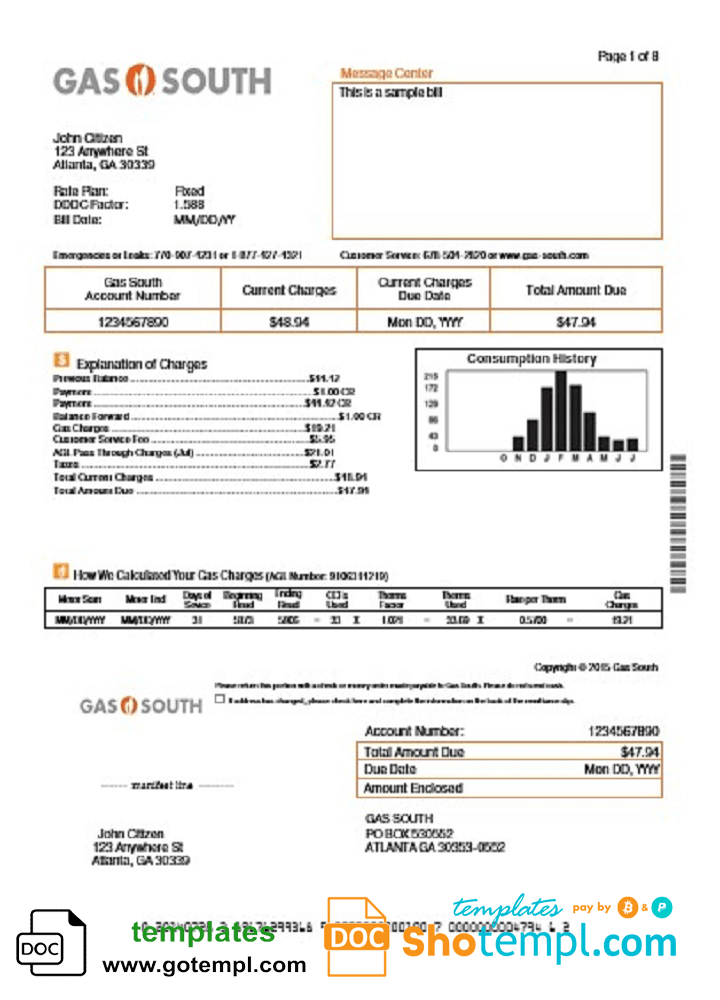 USA New York Gas South utility bill template in Word and PDF format