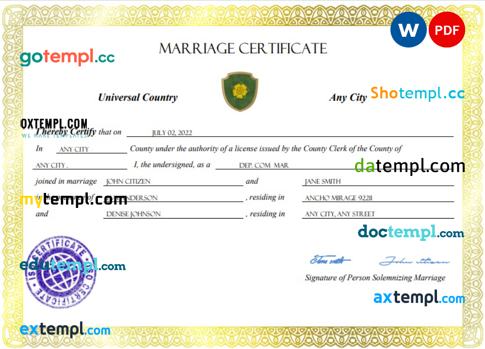 # adore universal marriage certificate Word and PDF template, fully editable