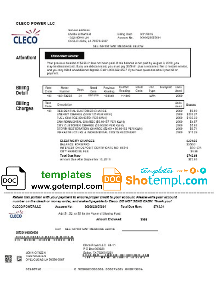 USA Louisiana Cleco Power electricity utility bill template in Word and PDF format