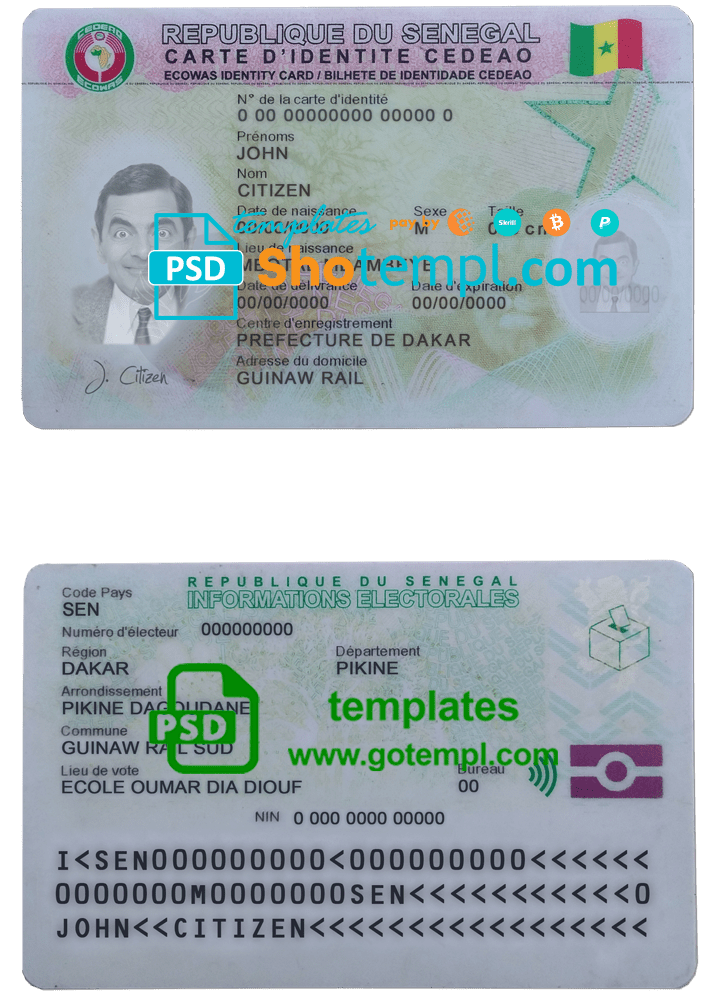 Senegal ID template in PSD format, fully editable