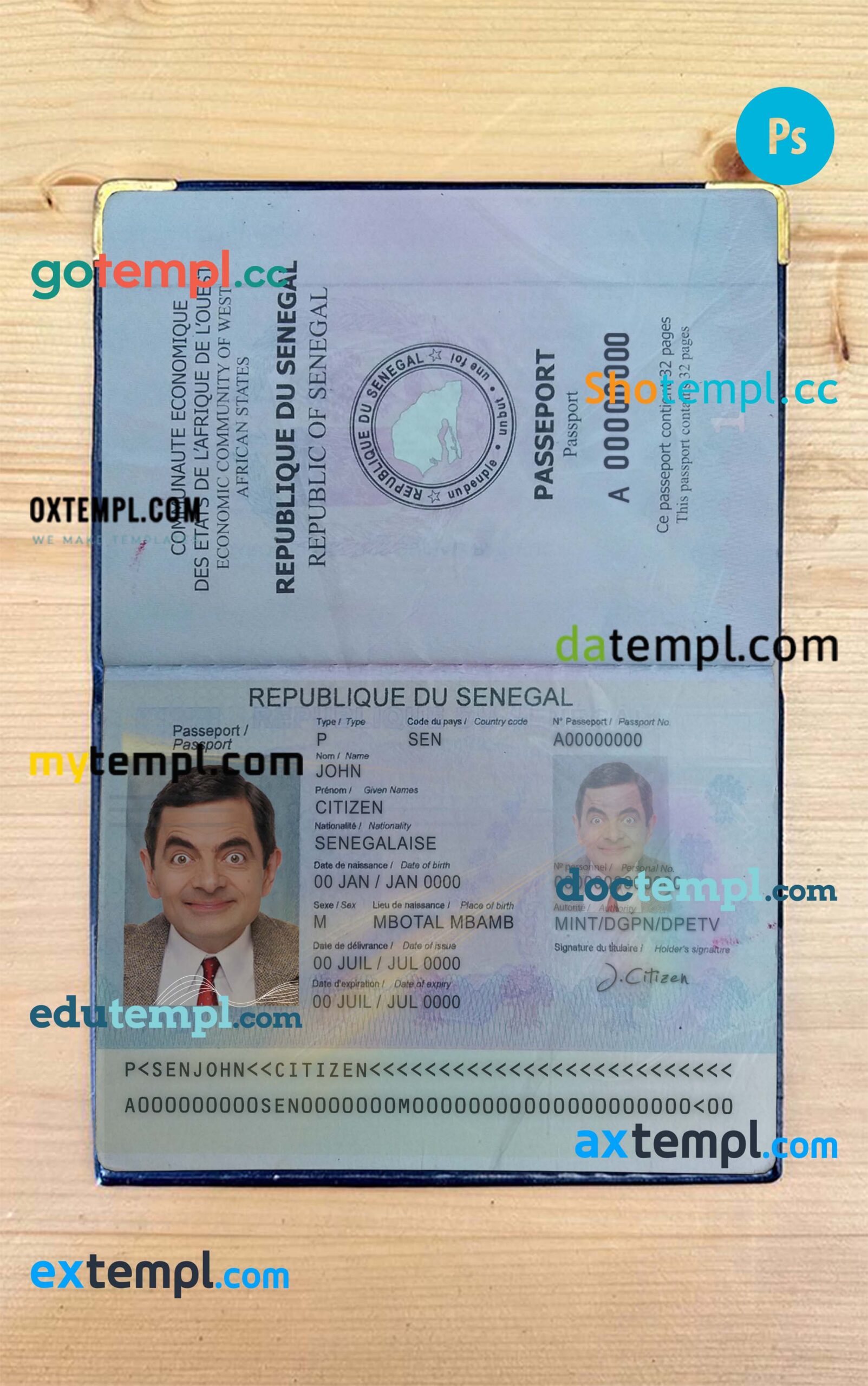 Senegal passport PSD files, editable scan and photo-realistic look sample, 2 in 1