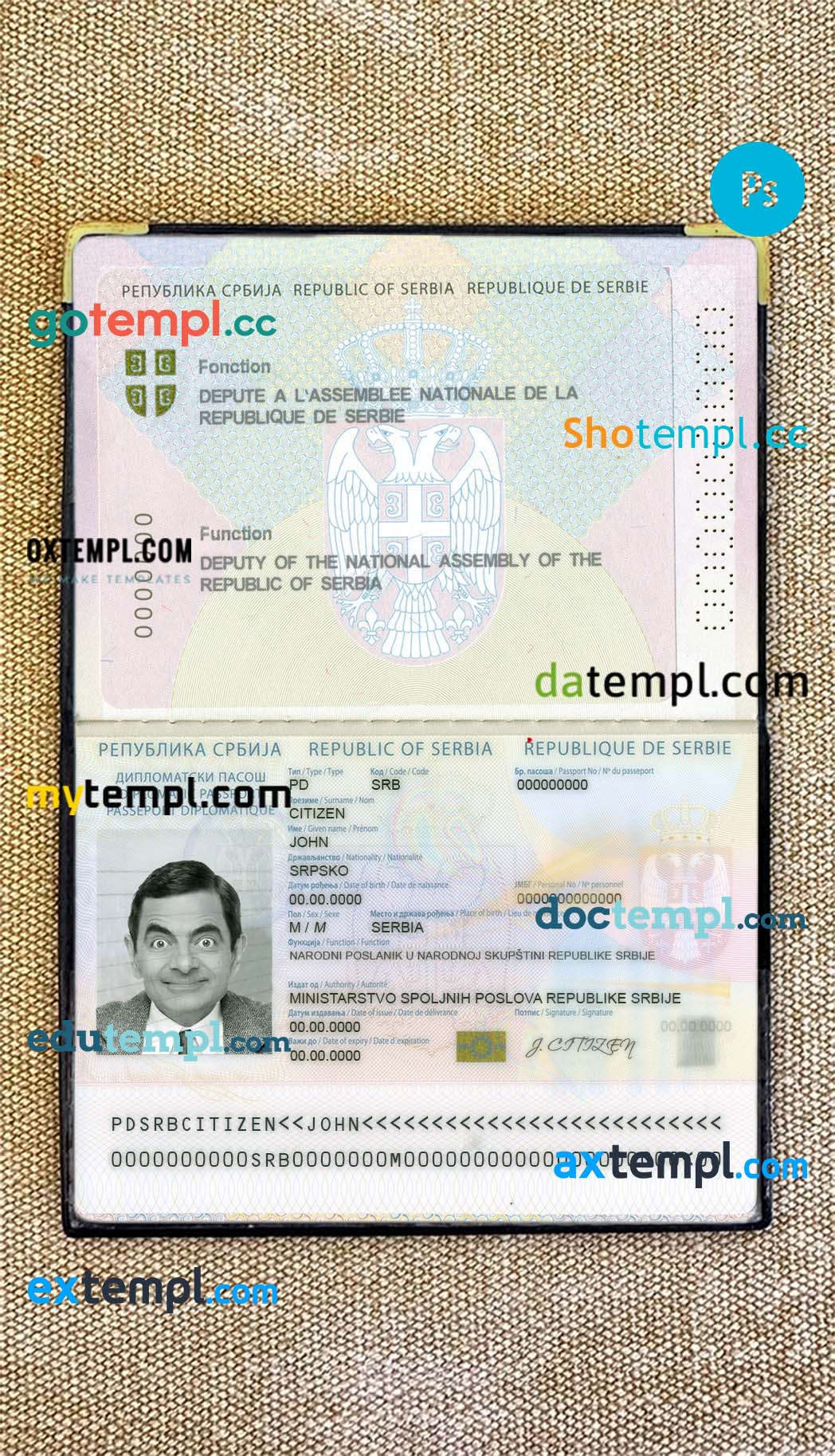 Serbia diplomatic passport editable PSD files, scan and photo look templates, 2 in 1