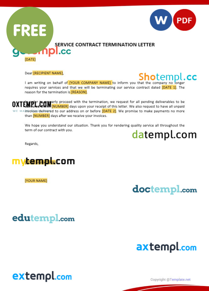 service contract termination letter template, Word and PDF format