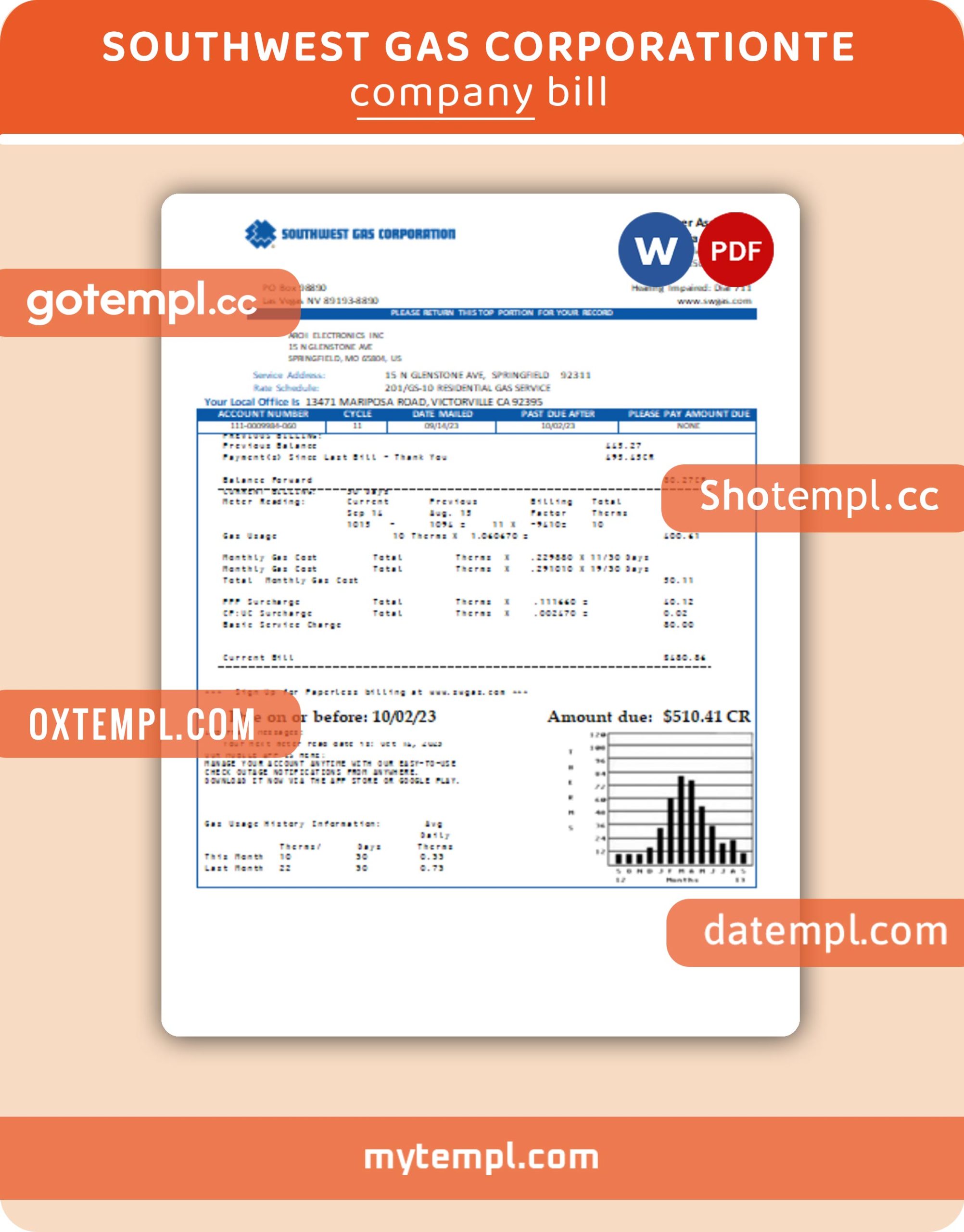 Southwest gas Corporation business utility bill, Word and PDF template