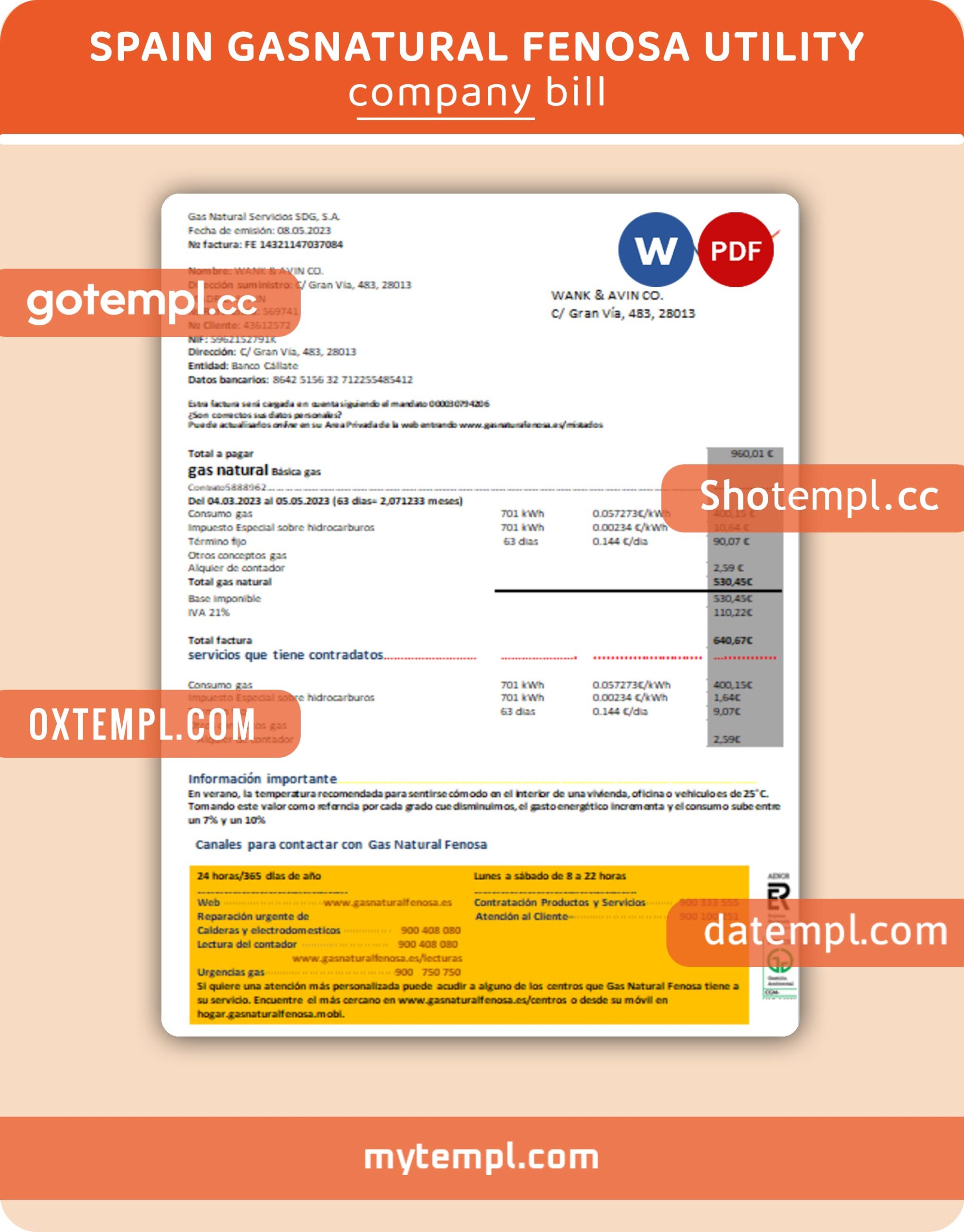 Spain GasNatural fenosa business utility bill, PDF and WORD template