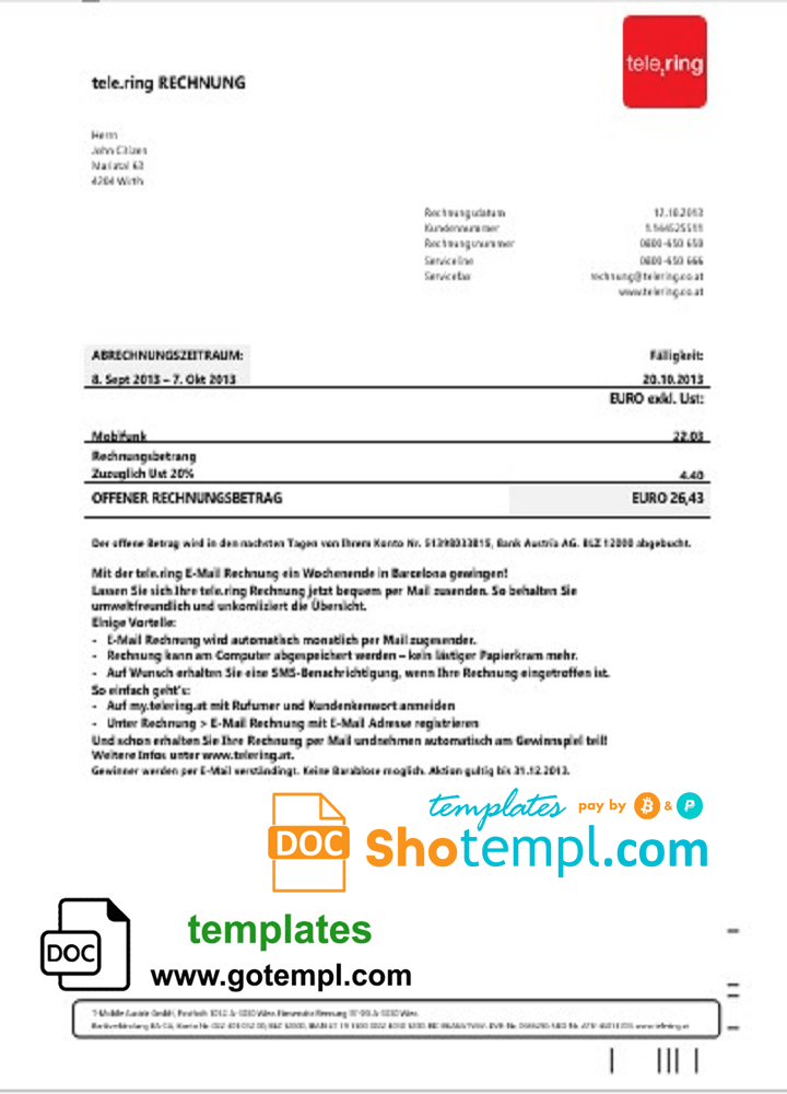 Sweden Tele Ring utility bill template in Word and PDF format