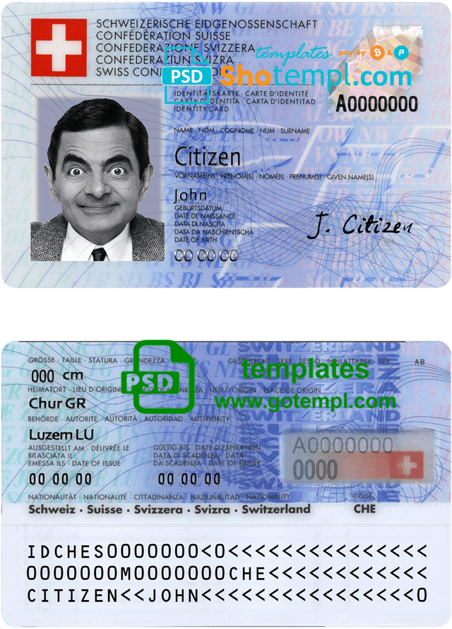 Switzerland ID template in PSD format, fully editable, with all fonts
