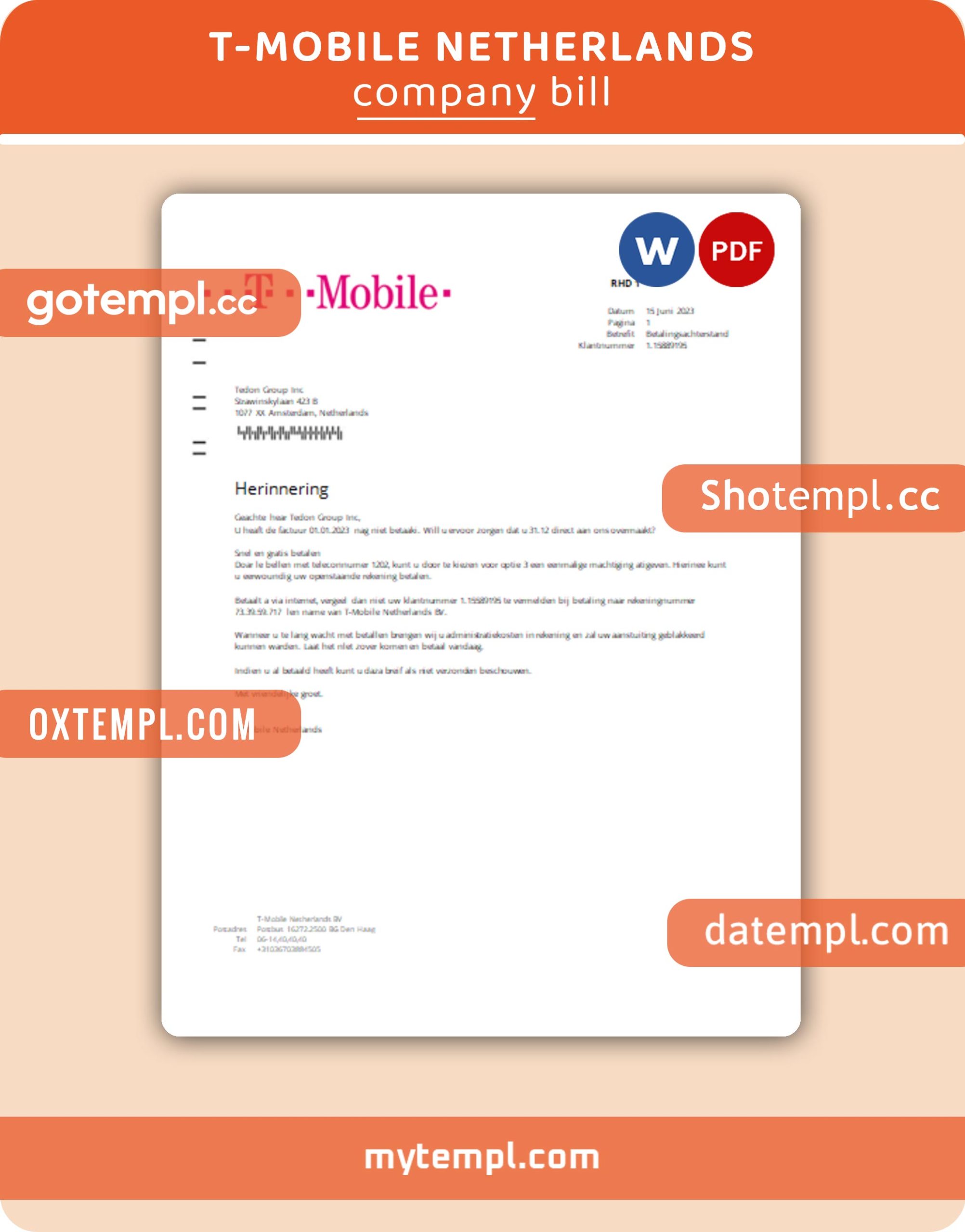 T-Mobile Netherlands business utility bill, Word and PDF template