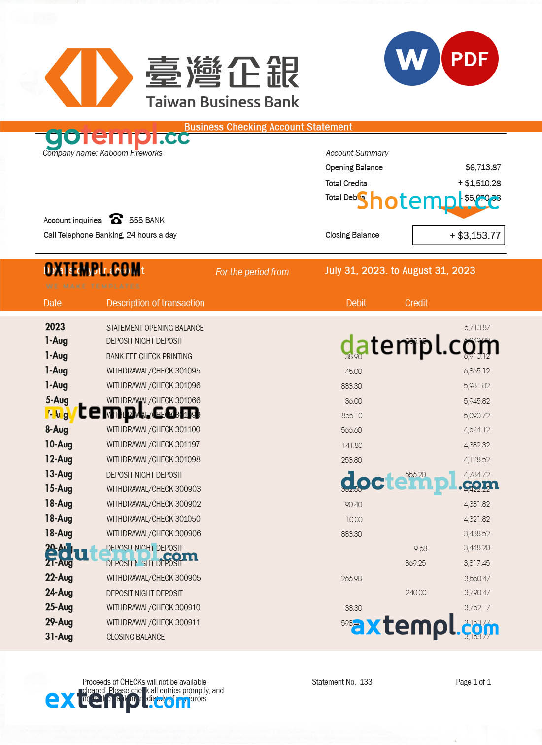 Taiwan Business Bank statement Word and PDF template