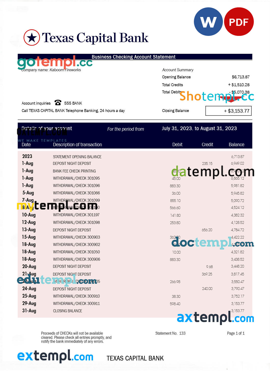 Texas Capital Bank company account statement Word and PDF template