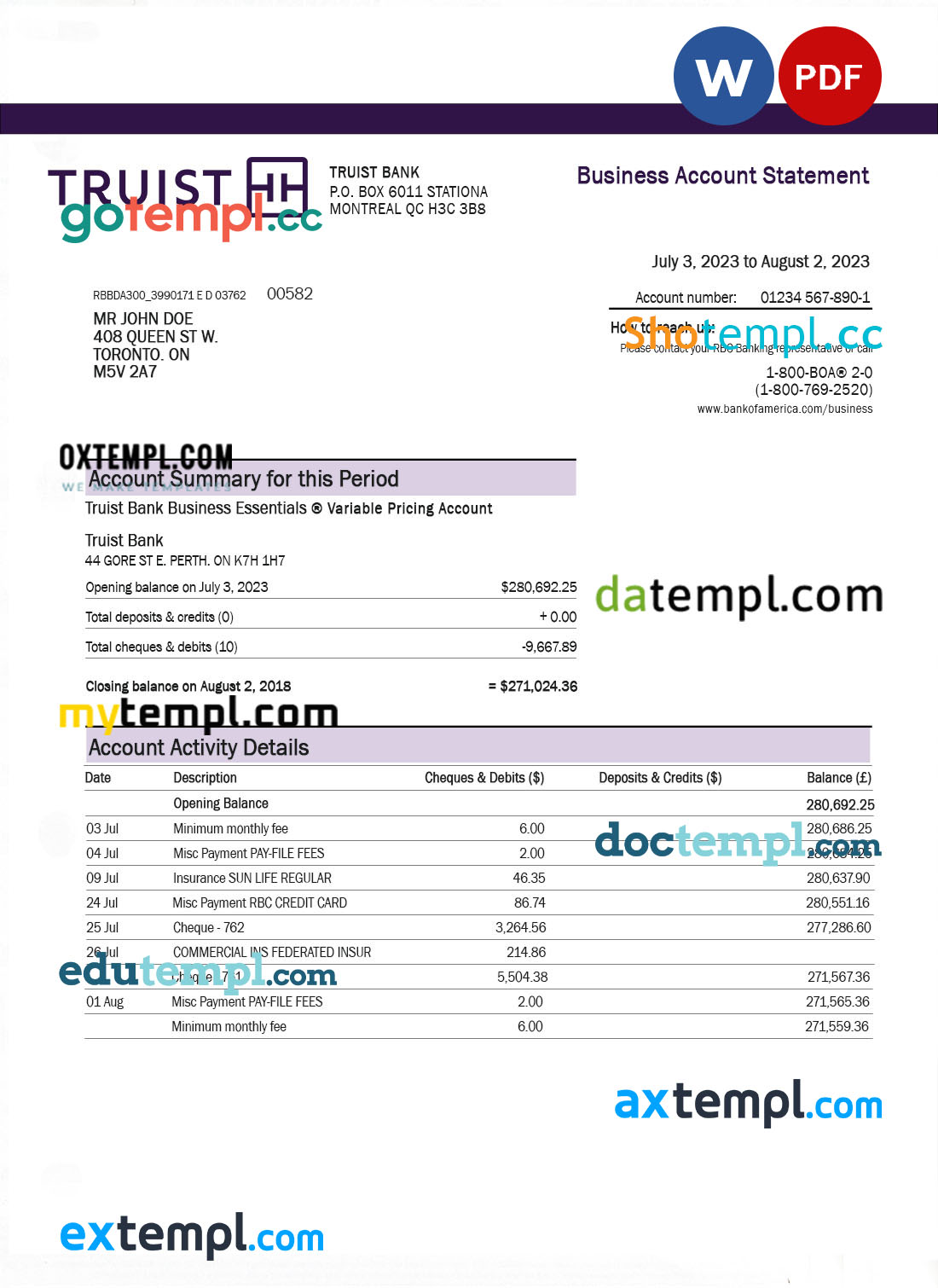 Truist Bank enterprise account statement Word and PDF template