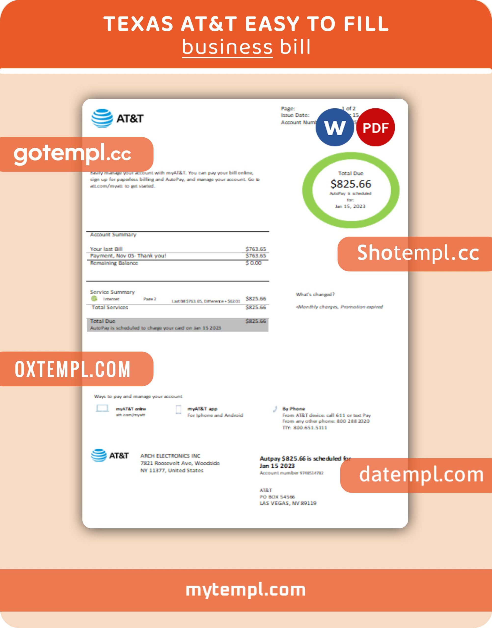 Texas AT&T easy to fill business utility bill, Word and PDF template
