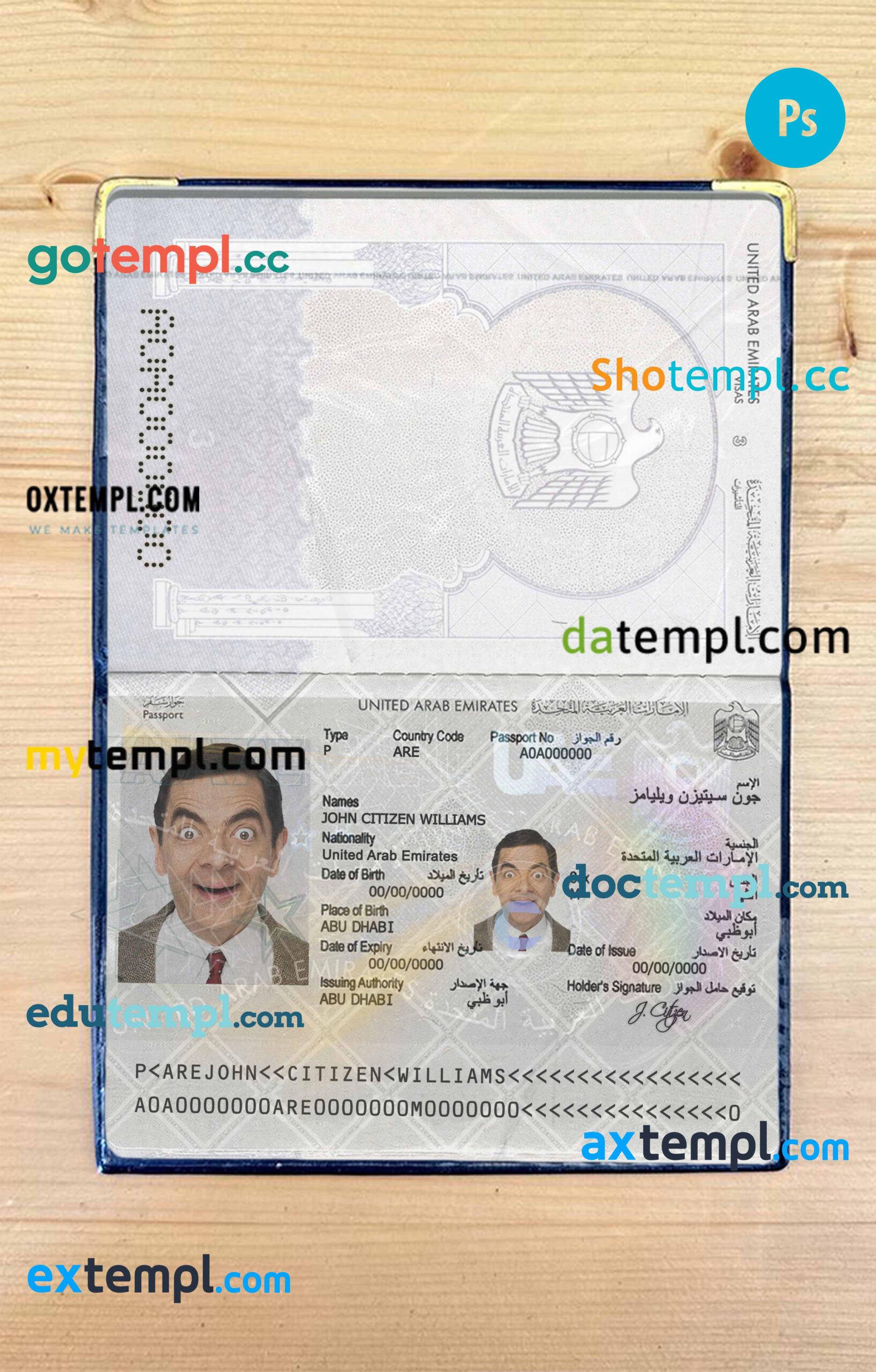 USA passport template in PSD format, fully editable, with all fonts