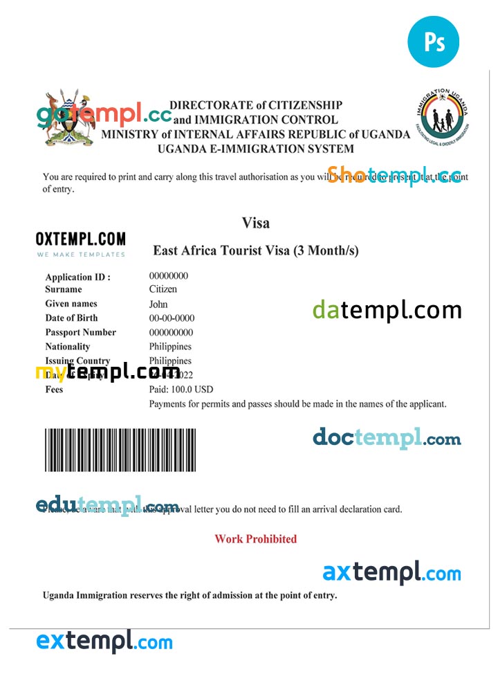 Uganda electronic entry visa PSD template, fully editable