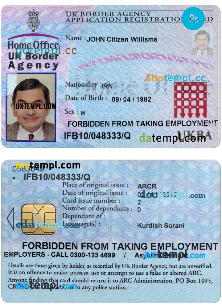 United Kingdom border agency application registration card PSD template