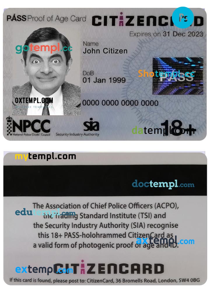 United Kingdom Pass CitizenCard (proof of age card) template in PSD format