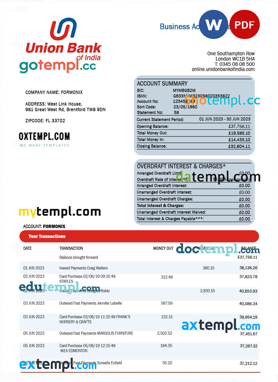 Cyprus Ancoria bank statement Excel and PDF template