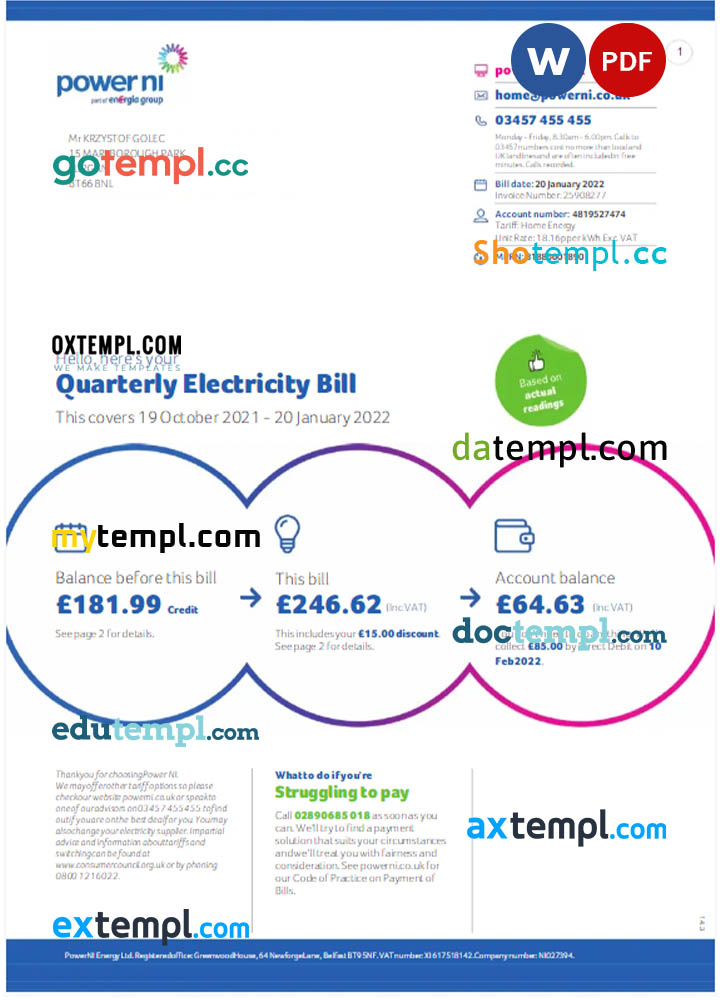 United Kingdom Power Ni utility bill Word and PDF template