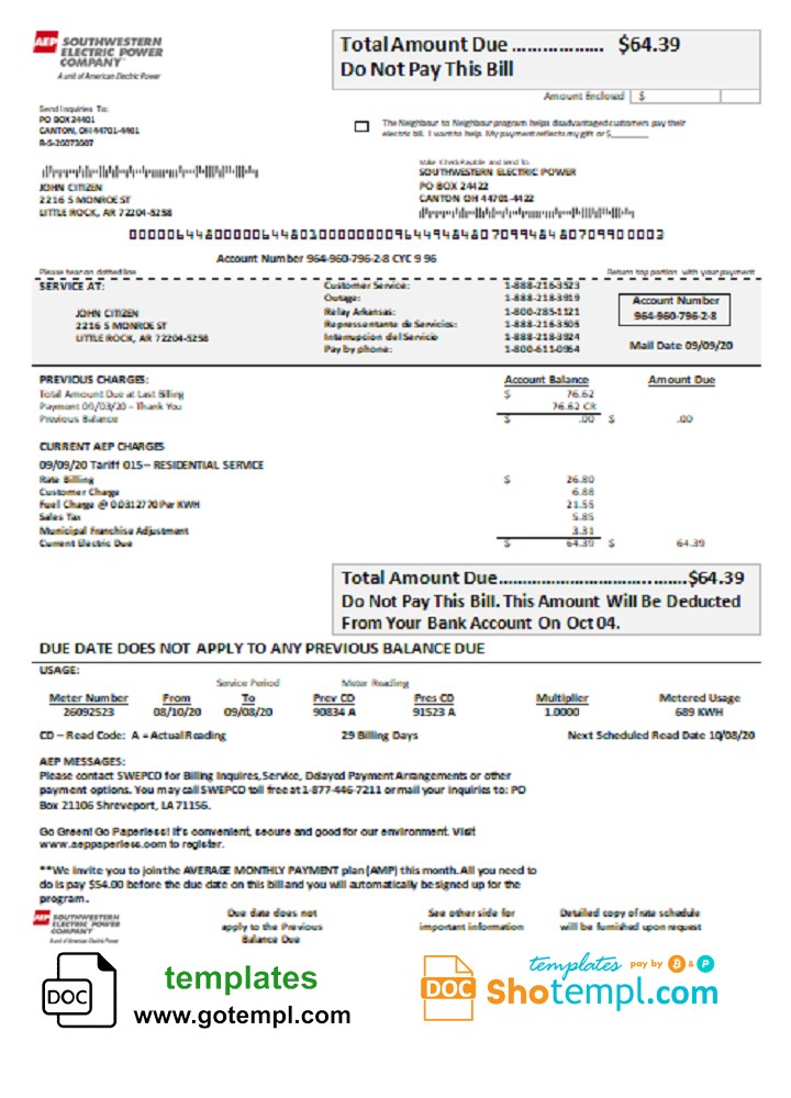 USA Louisiana AEP (Southwestern Electric Power Company) electricity utility bill template in Word and PDF format