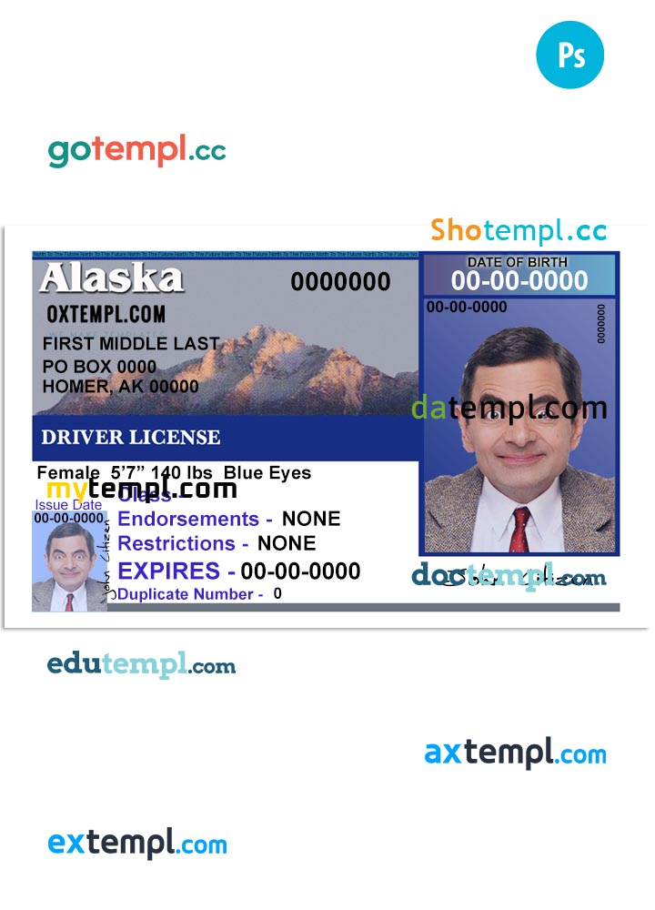 USA Alaska driving license template in PSD format (front), version 2