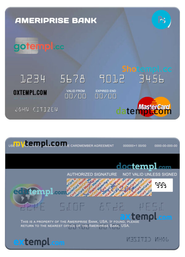 USA Ameriprise Bank mastercard template in PSD format