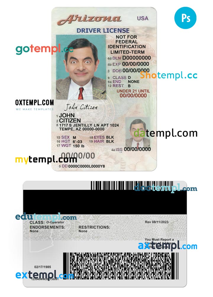 USA Arizona state vertical driving license editable PSD template, under 21