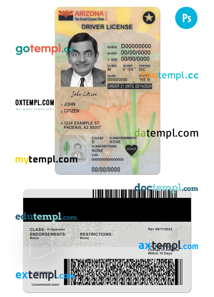 USA Arizona state vertical driving license editable PSD template, under 21, version 2