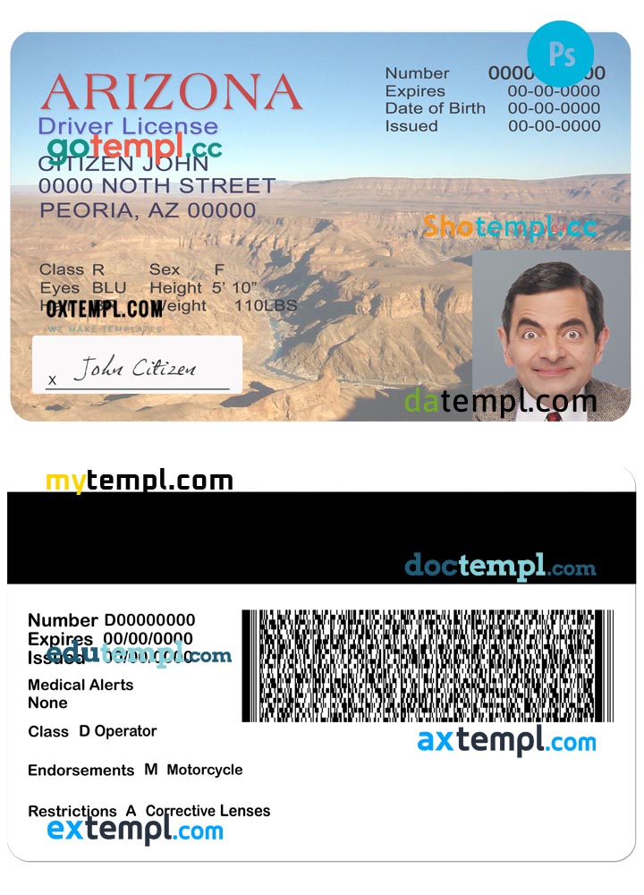 USA Arizona driving license template in PSD format, version 2