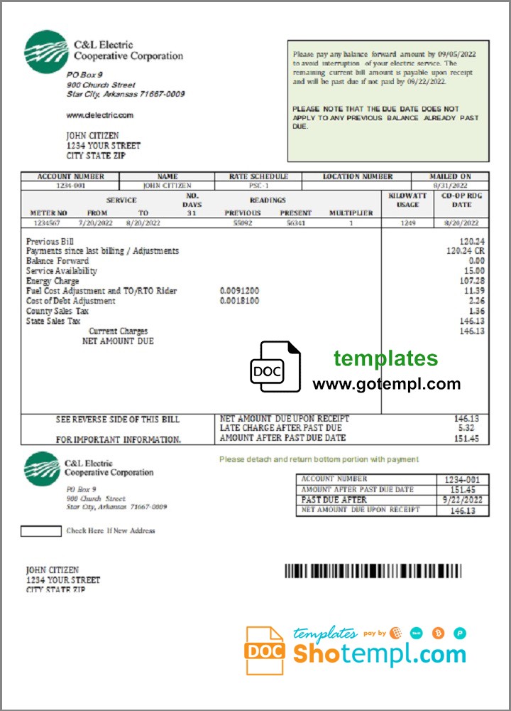 USA Arkansas C & L Electric Cooperative Corporation utility bill template in Word and PDF format