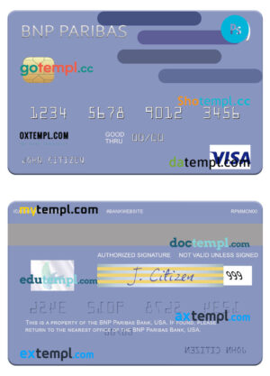 USA BNP Paribas Bank visa card template in PSD format