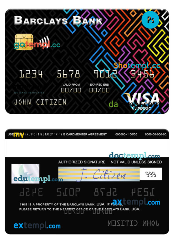USA Barclays Bank visa card template in PSD format