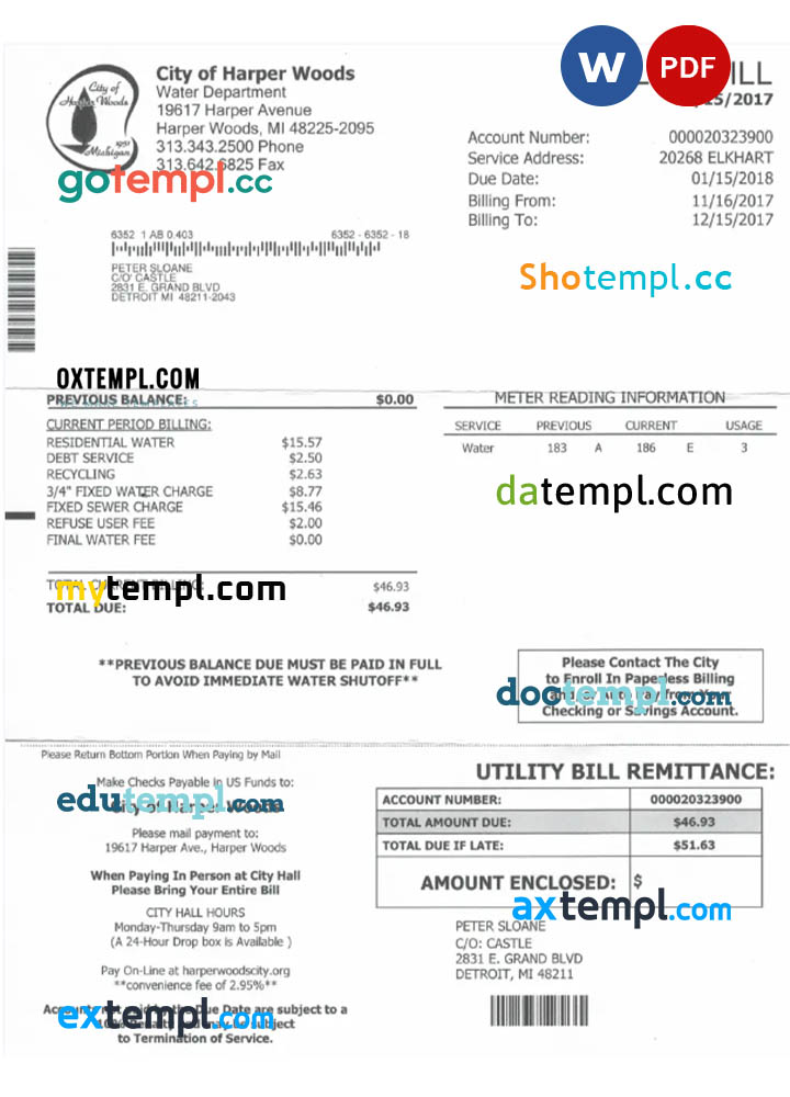 USA CITY OF HARPER WOODS utility bill Word and PDF template