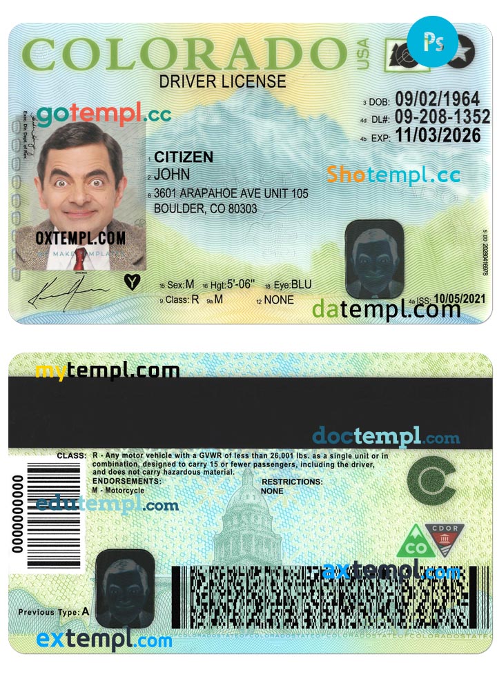USA Colorado driving license template in PSD format, version 2
